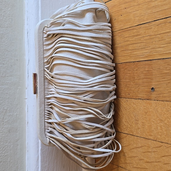 Clare V., Leather Strip Frame Clutch, Ivory, VGUC, 5.5" L x 9" W - Picture 2 of 15